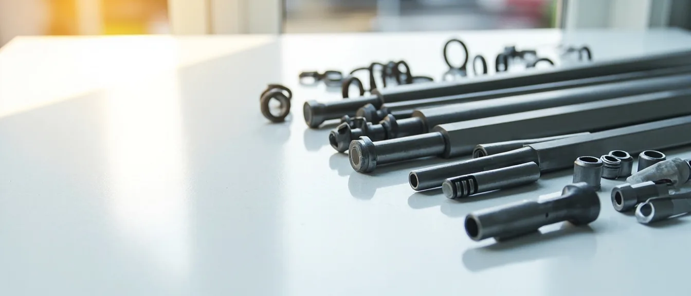 Finished tungsten carbide rods, rings and nozzles laid out on a white desk